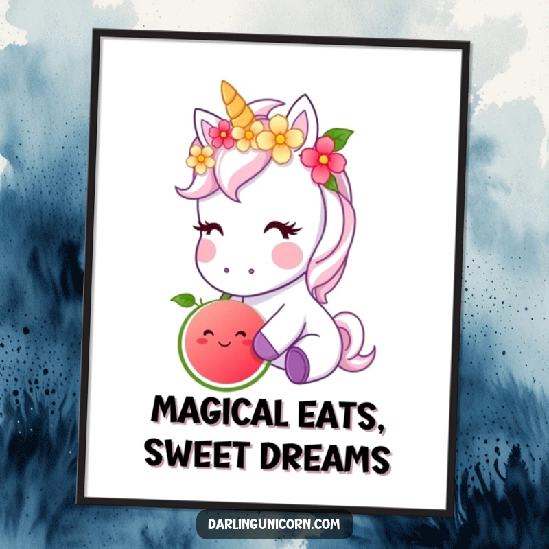 Free Printable Wall Art: Cute unicorn wearing a flower crown, happily nibbling a magical fruit, whimsical digital illustration.