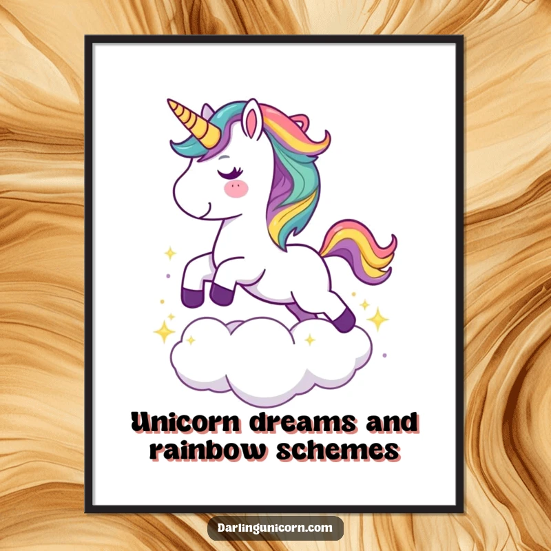 Free Printable Wall Art: A cute unicorn with a flowing rainbow mane leaps joyfully over a sparkling, ethereal cloud.