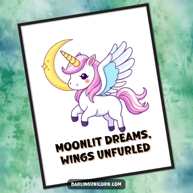 Funny Free Printable Wall Art: Kawaii unicorn with iridescent wings spread wide, soaring near a crescent moon.