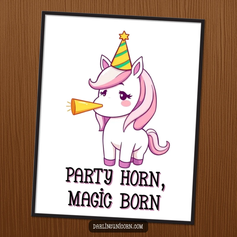 Free Printable Wall Art: Unicorn wearing a festive party hat, joyfully blowing a party horn, fun digital art.