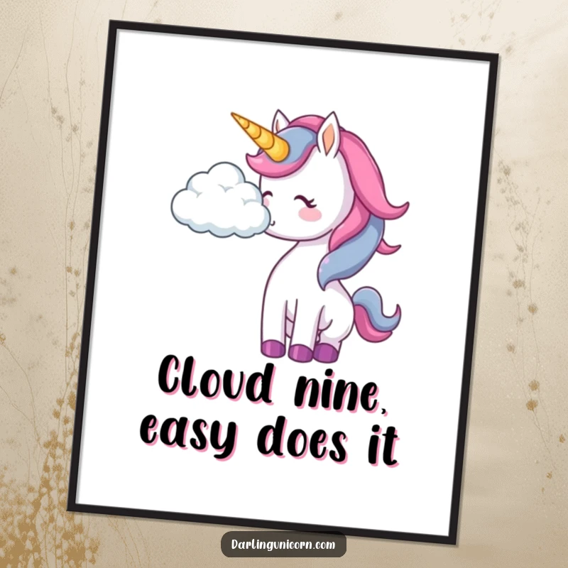 Funny Free Printable Wall Art: A unicorn playfully nudges a floating cloud, creating a dreamy and whimsical scene for any room.