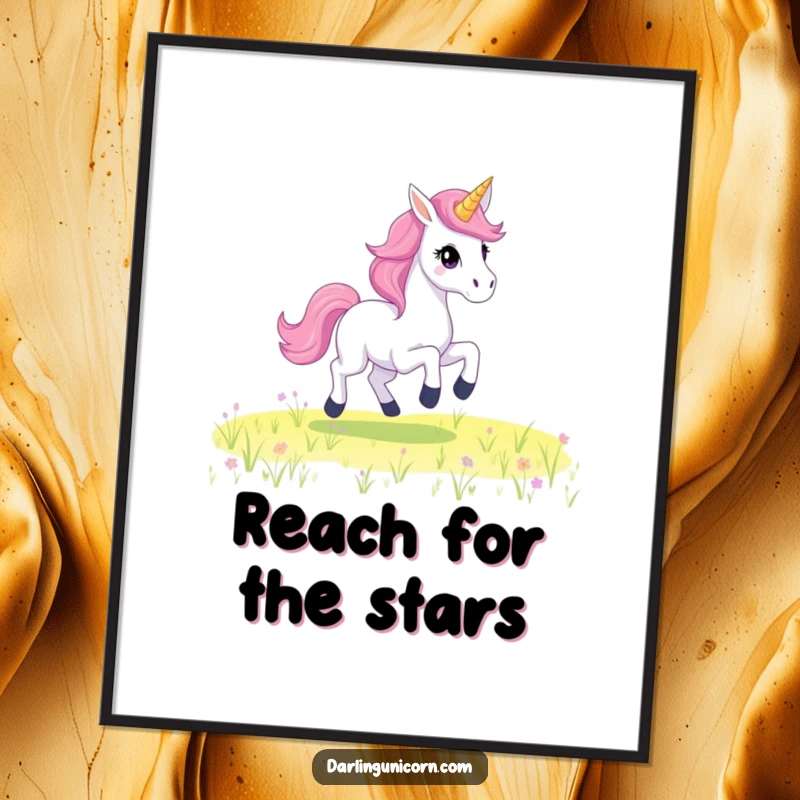 Funny Free Printable Wall Art: A unicorn with a luminous starry mane gallops dynamically through a dreamy landscape.