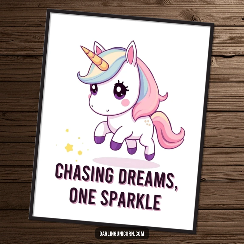 Funny Free Printable Wall Art: A kawaii unicorn with a curious gaze charmingly chasing a swirling trail of stardust.