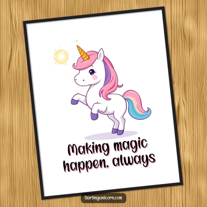 Funny Free Printable Wall Art: A whimsical unicorn playfully tosses a glowing magical orb, creating an enchanting atmosphere.