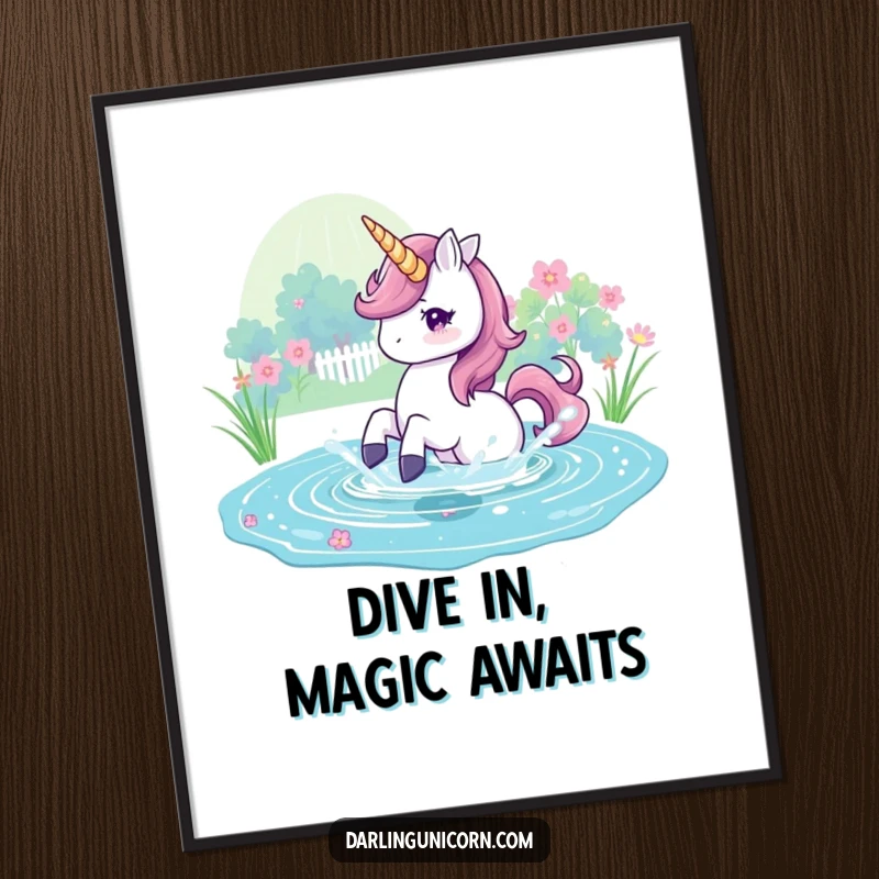 Funny Free Printable Wall Art: A whimsical unicorn splashes energetically in a vibrant, magical pond, adding charm.