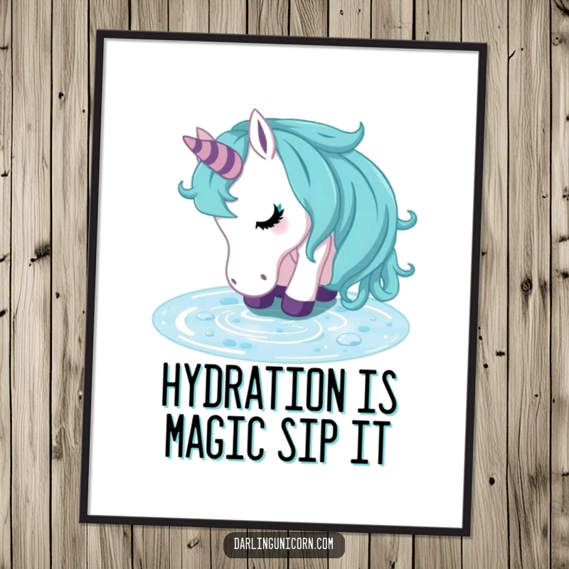 Funny Free Printable Wall Art: A unicorn drinks from a crystal stream, looking utterly refreshed and exuding calm.