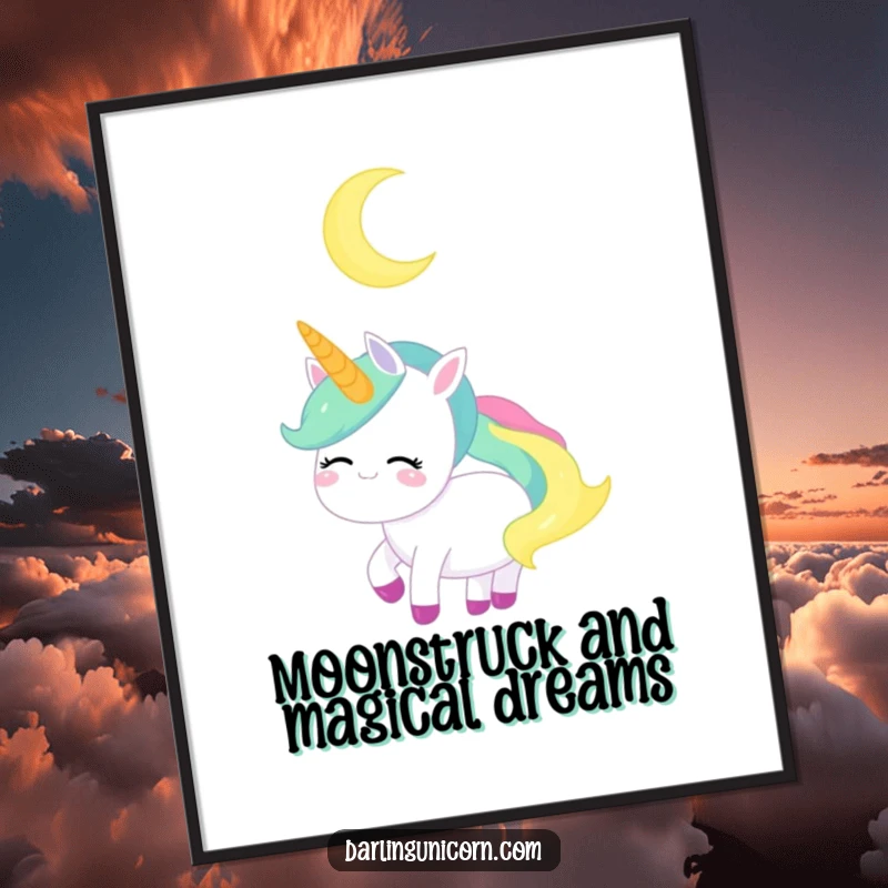 Free Printable Wall Art: A unicorn serenely gazes at a glowing crescent moon, evoking peace and dreams.
