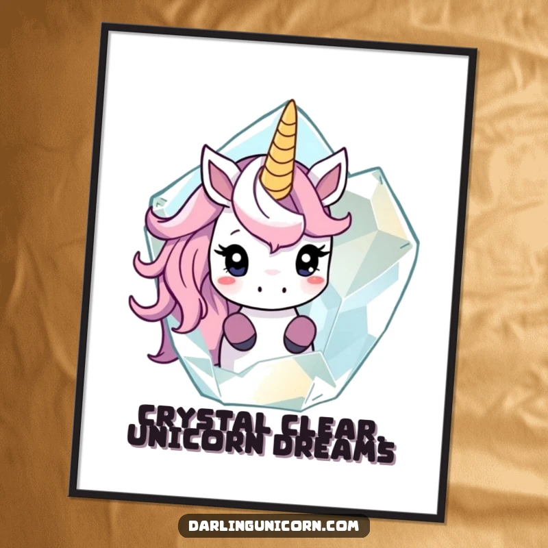 Funny Free Printable Wall Art: Shy unicorn peeking from behind a large, translucent crystal, adding a touch of intrigue.
