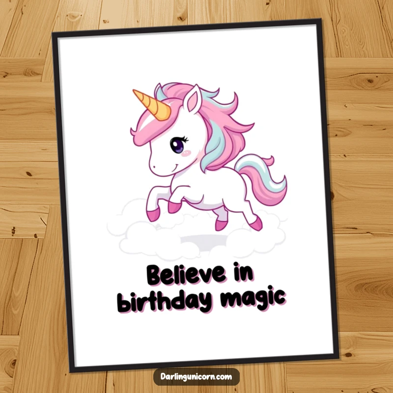 Free printable wall art: a joyful unicorn with a dazzling mane gallops gracefully through ethereal clouds, inspiring wonder.