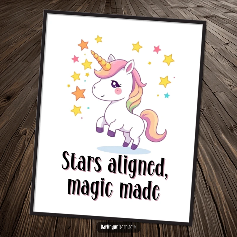Funny Free Printable Wall Art: A whimsical unicorn juggling colorful, glowing star fragments with its horn.