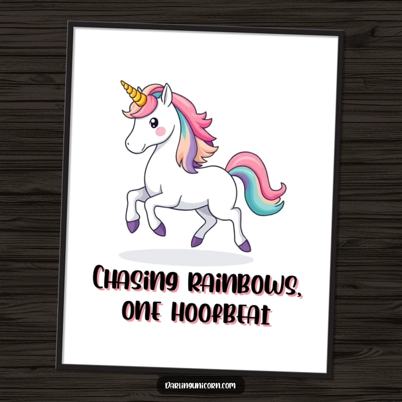 Magical Free Printable Wall Art: A majestic unicorn prances gracefully, with a vibrant rainbow trailing its hooves, creating an enchanting scene.