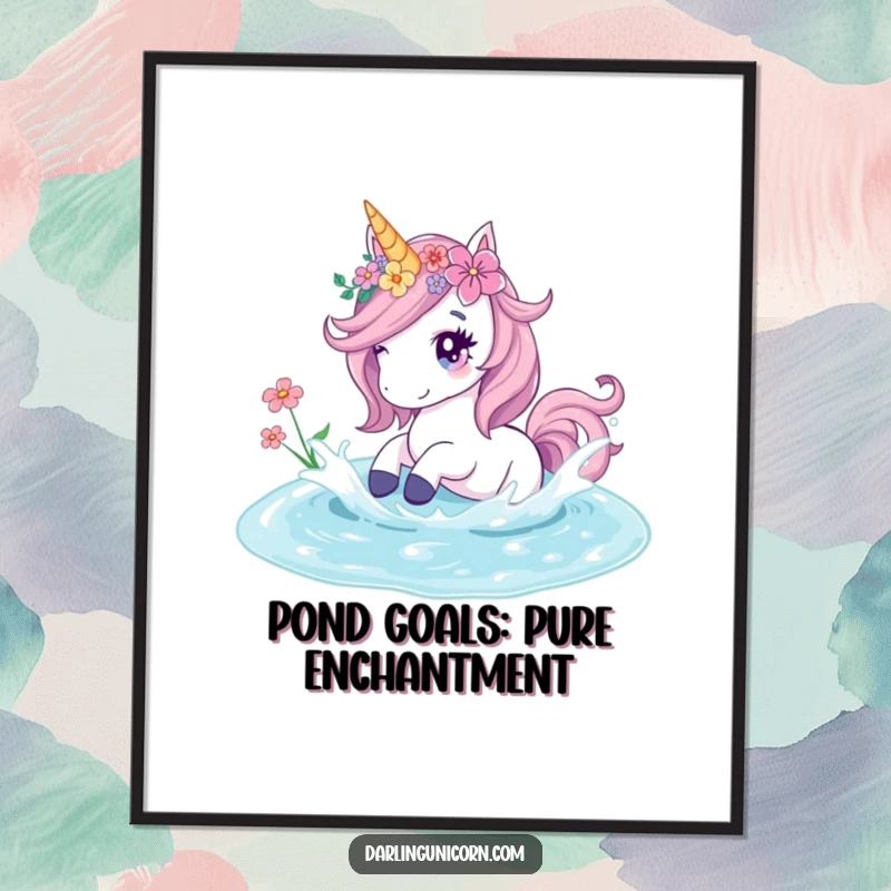 Funny Free Printable Wall Art: A unicorn with flower adornments playfully splashing in a clear crystal pond.
