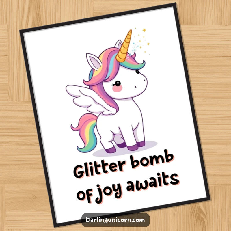 Funny Free Printable Wall Art: Unicorn with rainbow wings blowing glitter, a magical and humorous decoration for your wall.