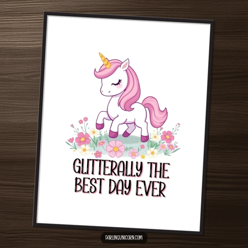 Funny Free Printable Unicorn Wall Art: Playful unicorn with glowing horn prancing on glittery flowers, magical room decor.