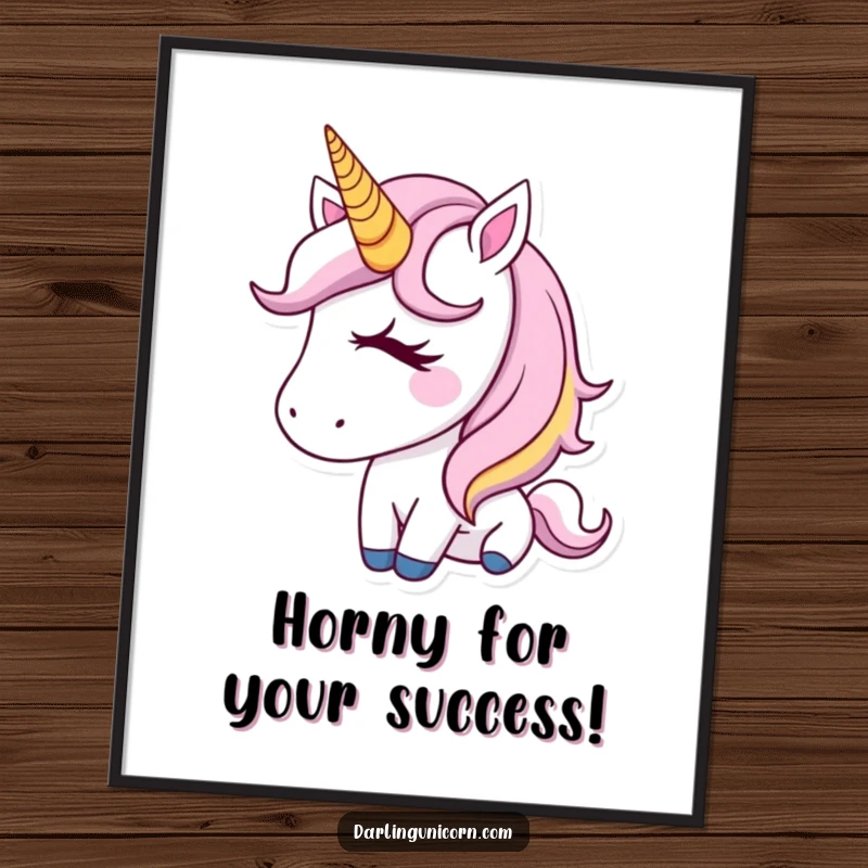 Funny Free Printable Wall Art: A whimsical unicorn with a golden horn giving a cheeky wink, adding charm to any room.