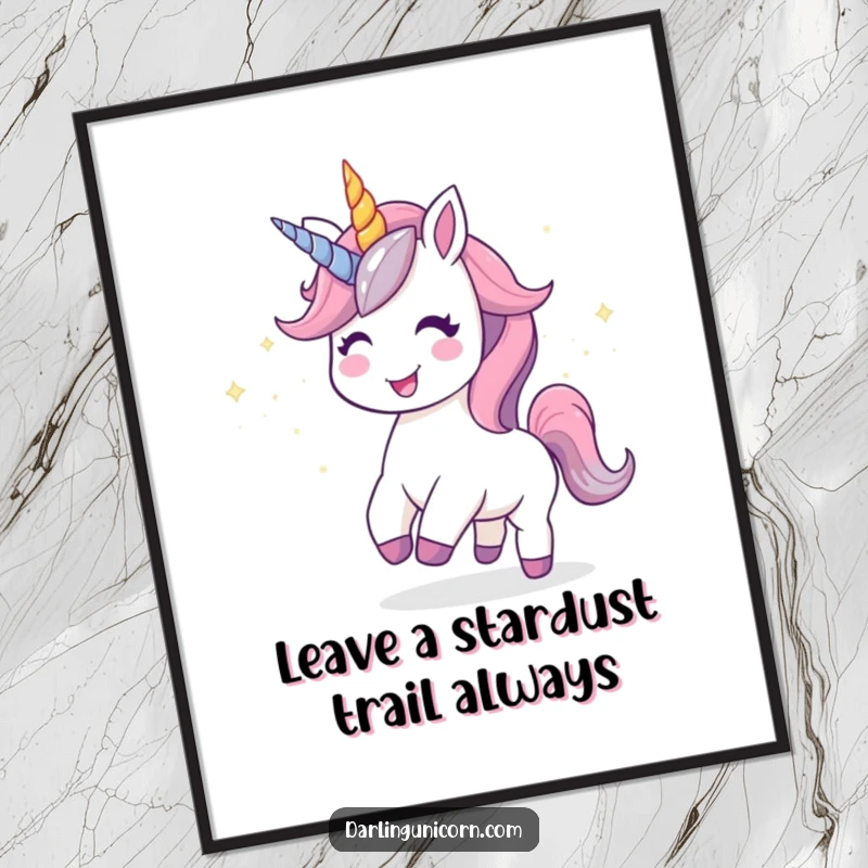 Funny Free Printable Wall Art: Kawaii unicorn with a joyful expression leaving a trail of stardust.