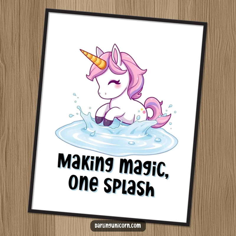 Free Printable Wall Art: A unicorn playfully splashes in a shimmering liquid puddle, radiating joy.