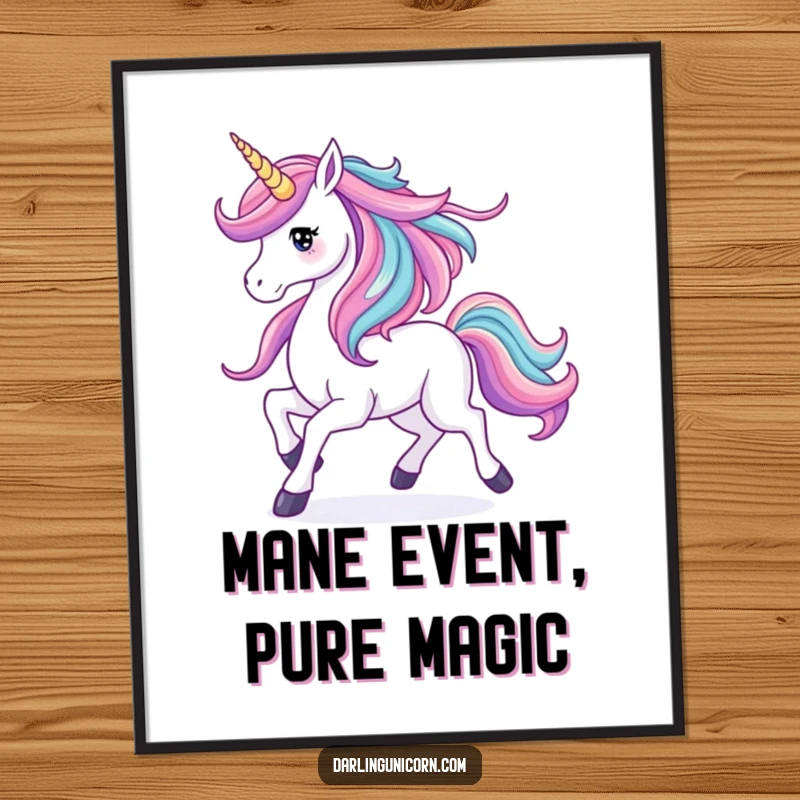 Funny Free Printable Wall Art: A unicorn prancing gracefully, its flowing mane resembling a colorful waterfall.