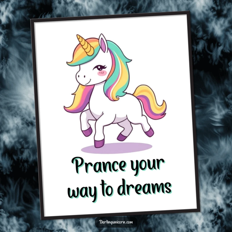 Free Printable Wall Art: A cute unicorn with a vibrant rainbow mane joyfully prancing, embodying happiness and magical energy for whimsical decor.