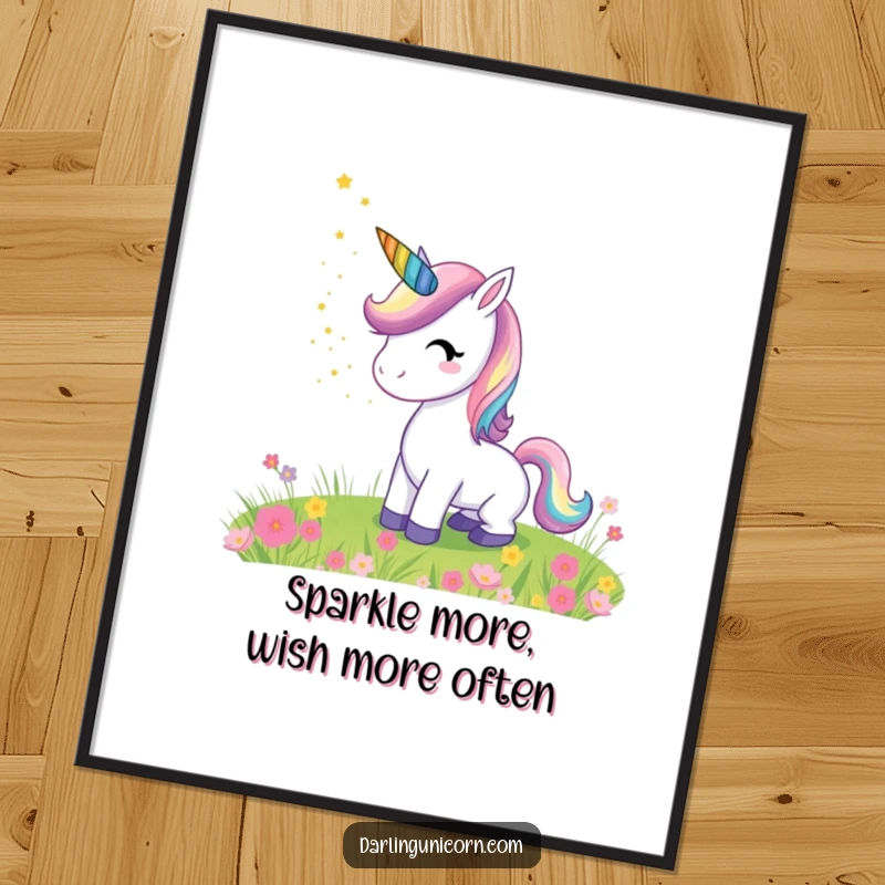 Funny Free Printable Wall Art: A unicorn with a rainbow horn sprinkling magical stardust over a serene meadow.