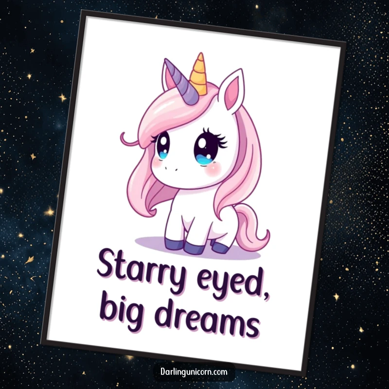 Funny Free Printable Wall Art: A unicorn with wide, dreamy eyes gazes at a vast, star-filled night sky, evoking wonder.