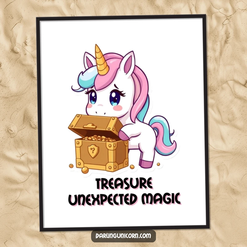 Funny free printable wall art showcasing a unicorn with a shocked expression, accidentally discovering a sparkling, hidden treasure chest.