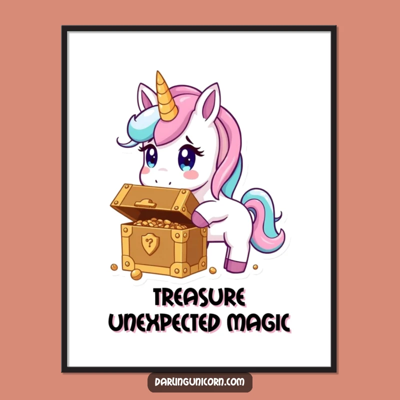 Funny Free Printable Wall Art: Surprised Unicorn Finds Treasure, Whimsical Downloadable Decor!