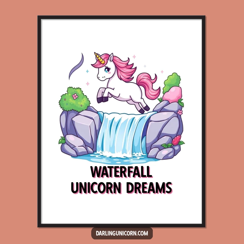 Funny Free Printable Wall Art: Unicorn Leaping Over Waterfall, Magical Downloadable Home Decor!