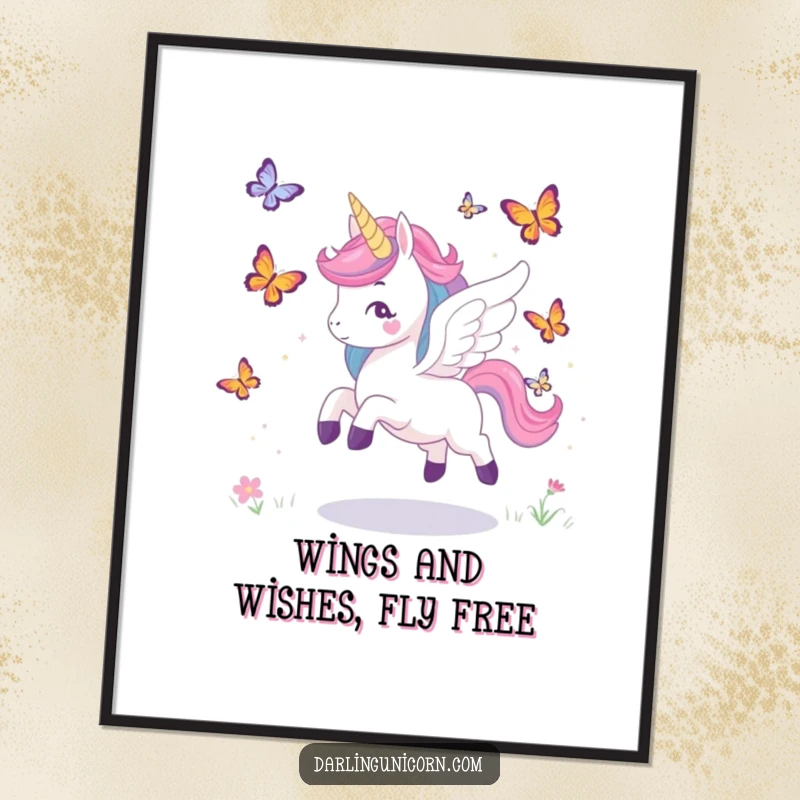Free Printable Wall Art: Unicorn with majestic wings playfully chasing colorful butterflies, whimsical and dreamy digital art.