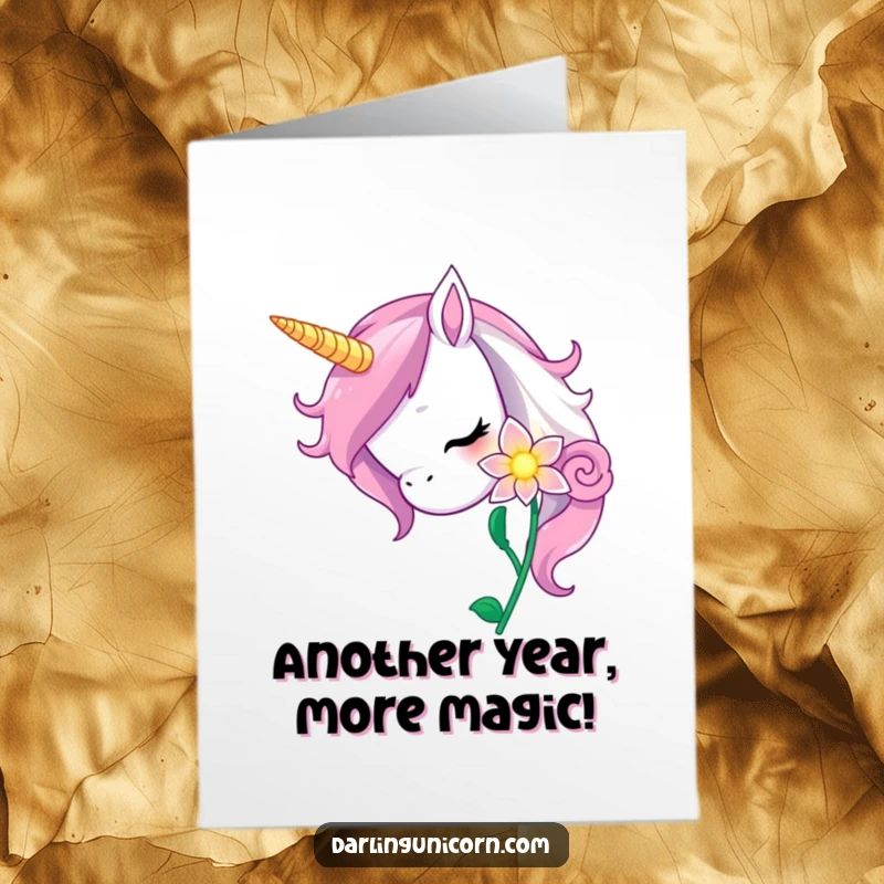 Funny Free Printable Birthday Card: A curious unicorn gently nuzzles a glowing magic flower, adding a touch of wonder to celebrations.