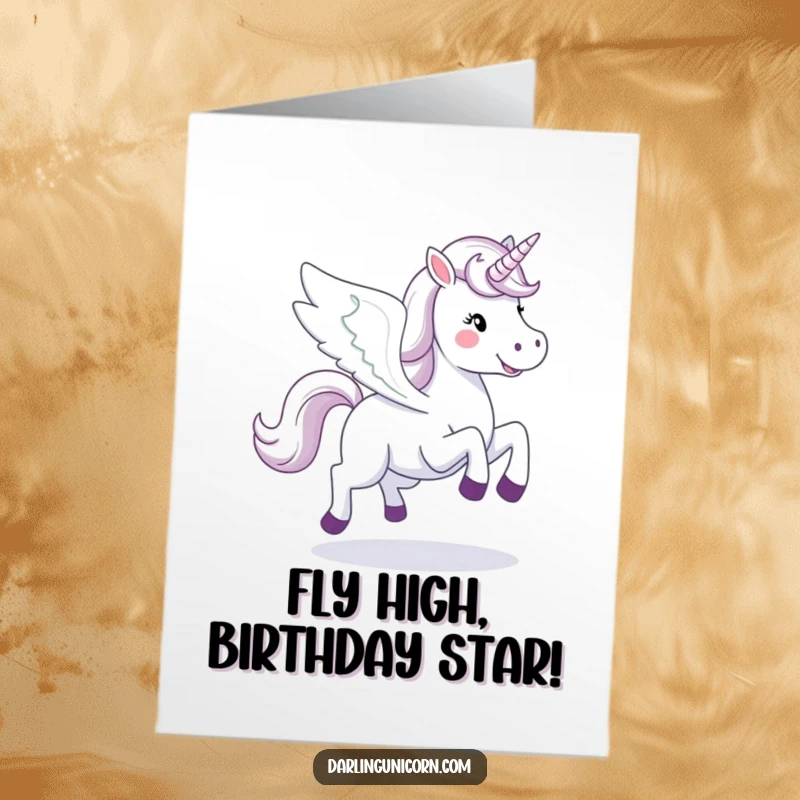 Funny Free Printable Birthday Card: A happy unicorn with wings spread wide, joyfully galloping through the sky.