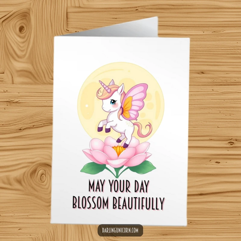 Funny Free Printable Birthday Card: Unicorn with butterfly wings gently lands on a blooming moonflower.