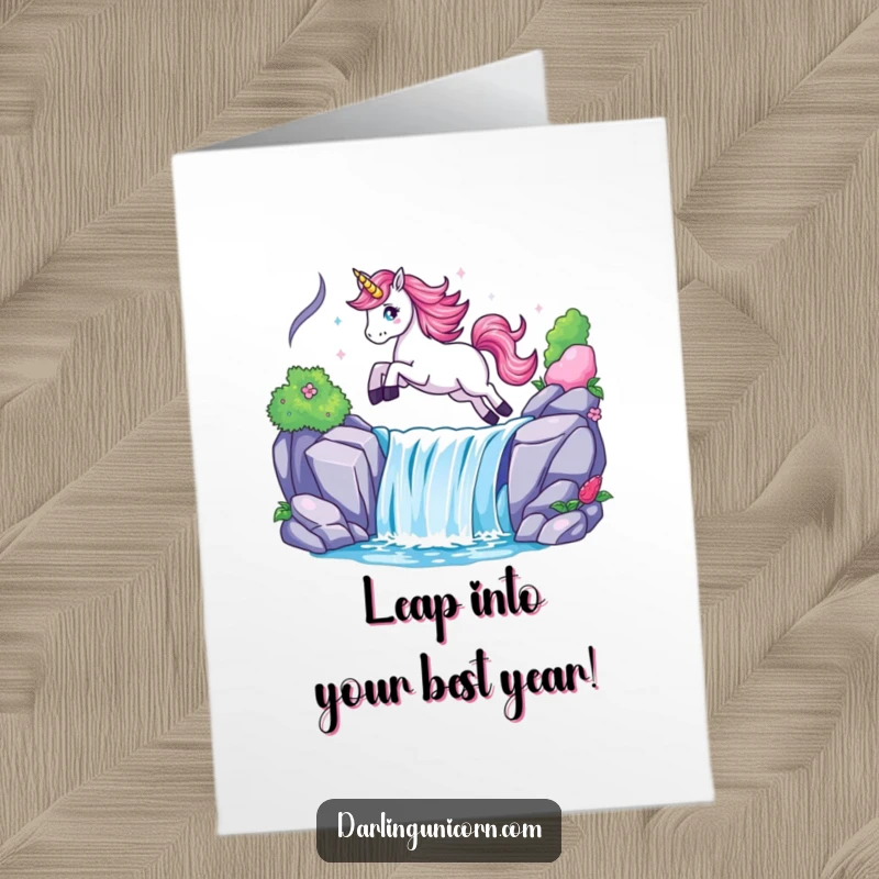 Funny free printable birthday card featuring a unicorn leaping ecstatically over a sparkling waterfall, celebrating with pure joy.