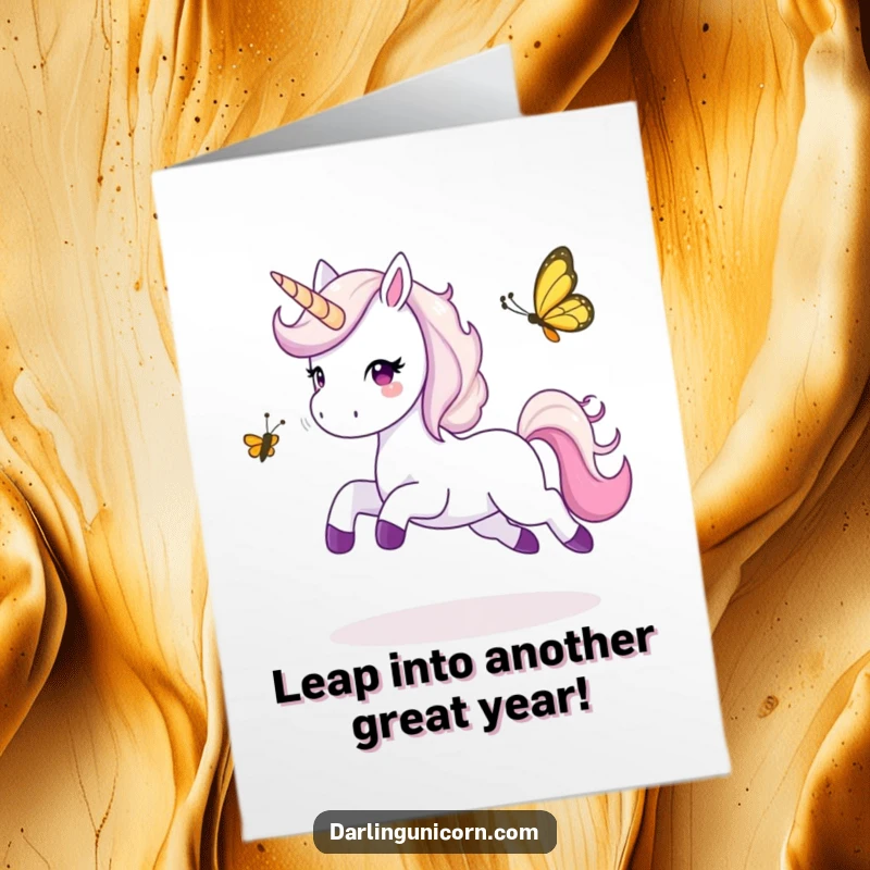 Funny Free Printable Birthday Card: Unicorn joyfully playing tag with a mischievous butterfly, mid-leap.