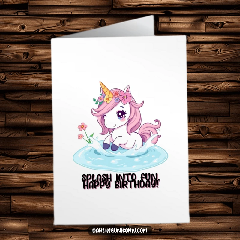 Funny Free Printable Birthday Card: Unicorn with flower adornments playfully splashing in a clear crystal pond.