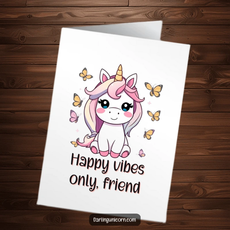 Funny Free Printable Birthday Card: A contented unicorn smiles sweetly, surrounded by a flurry of friendly, colorful butterflies.