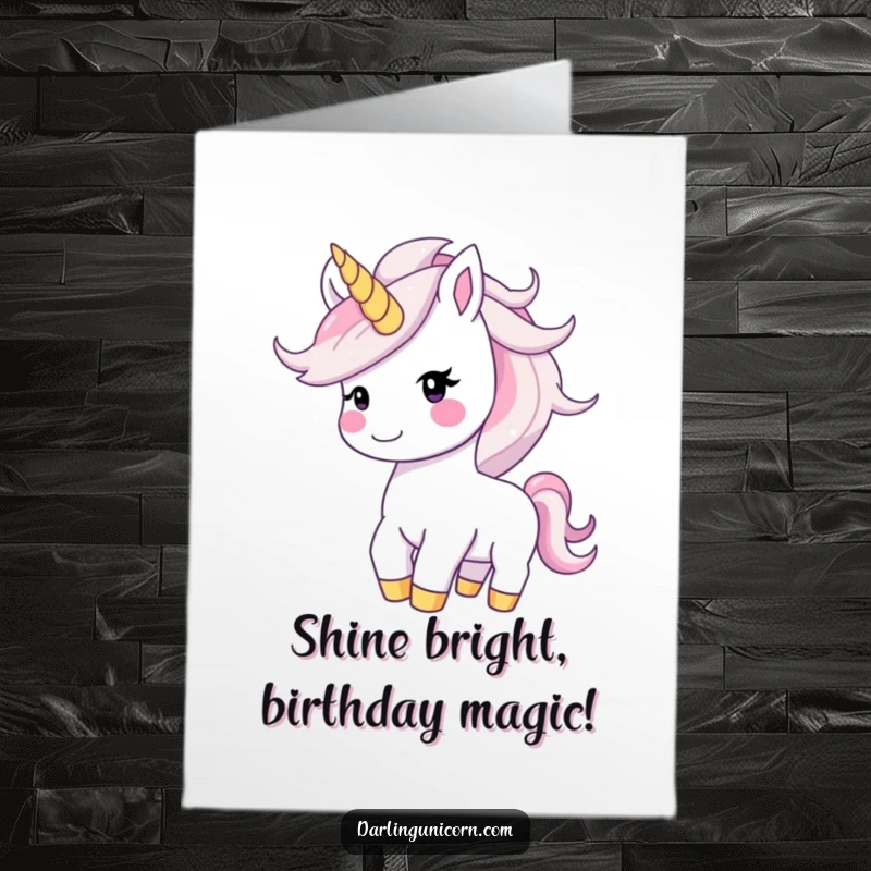 Funny Free Printable Birthday Card: Happy unicorn with smiling face tossing shimmering starry mane, full of joy.