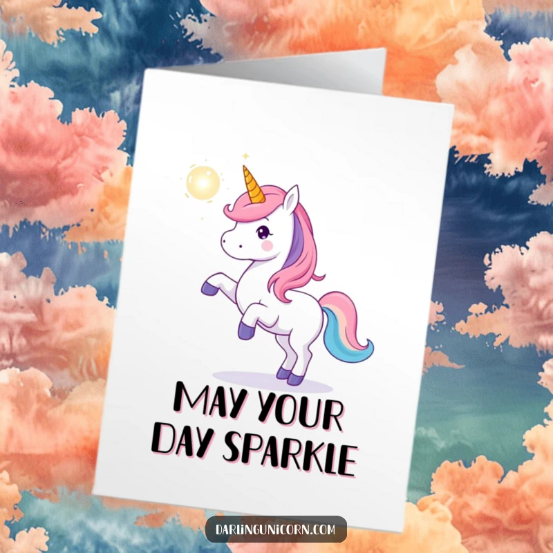 Funny Free Printable Birthday Card: A playful unicorn tosses a glowing magical orb, radiating fun and wonder.