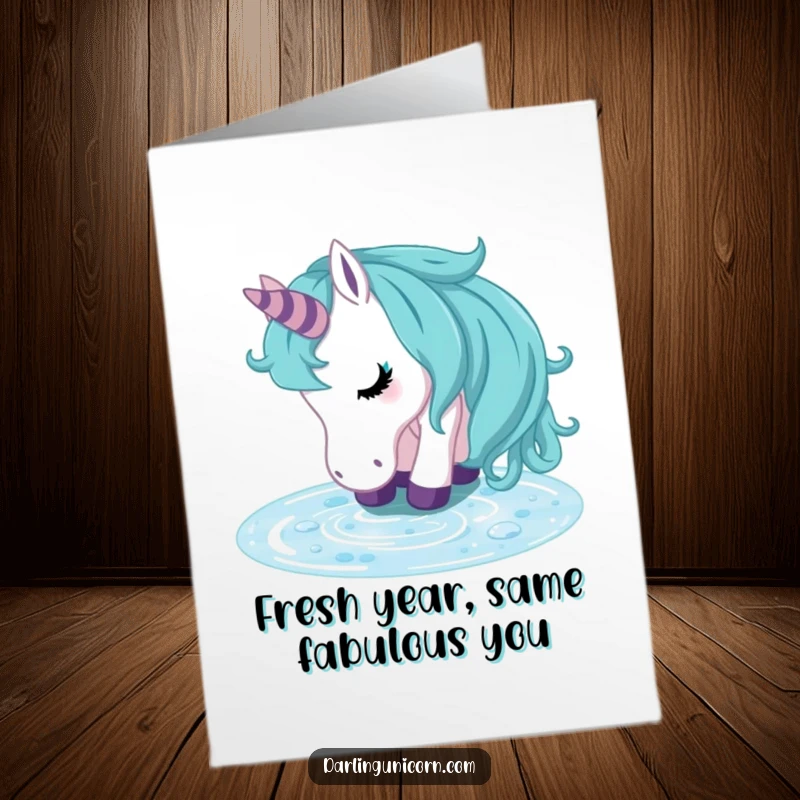 Funny Free Printable Birthday Card: A unicorn happily drinks from a clear stream, looking wonderfully refreshed and content.