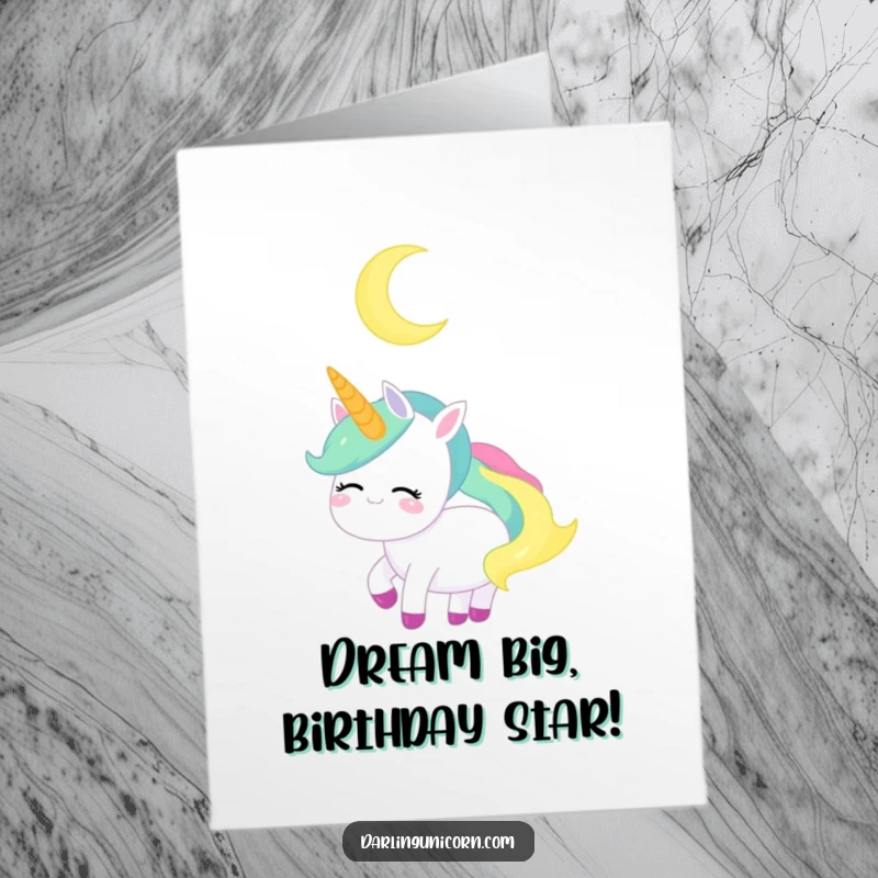 Free Printable Birthday Card: A unicorn smiles serenely while gazing at a beautiful crescent moon.
