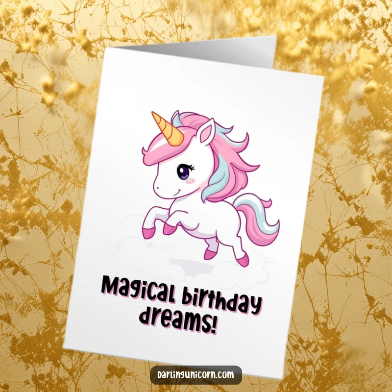 Free printable birthday card: a majestic unicorn with a sparkling mane gallops joyfully through soft, fluffy clouds.