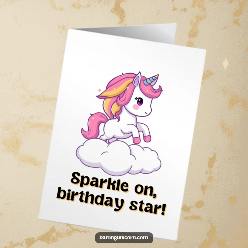 Funny Free Printable Birthday Card: Sparkling unicorn with rainbow mane joyfully leaping over a puffy cloud.