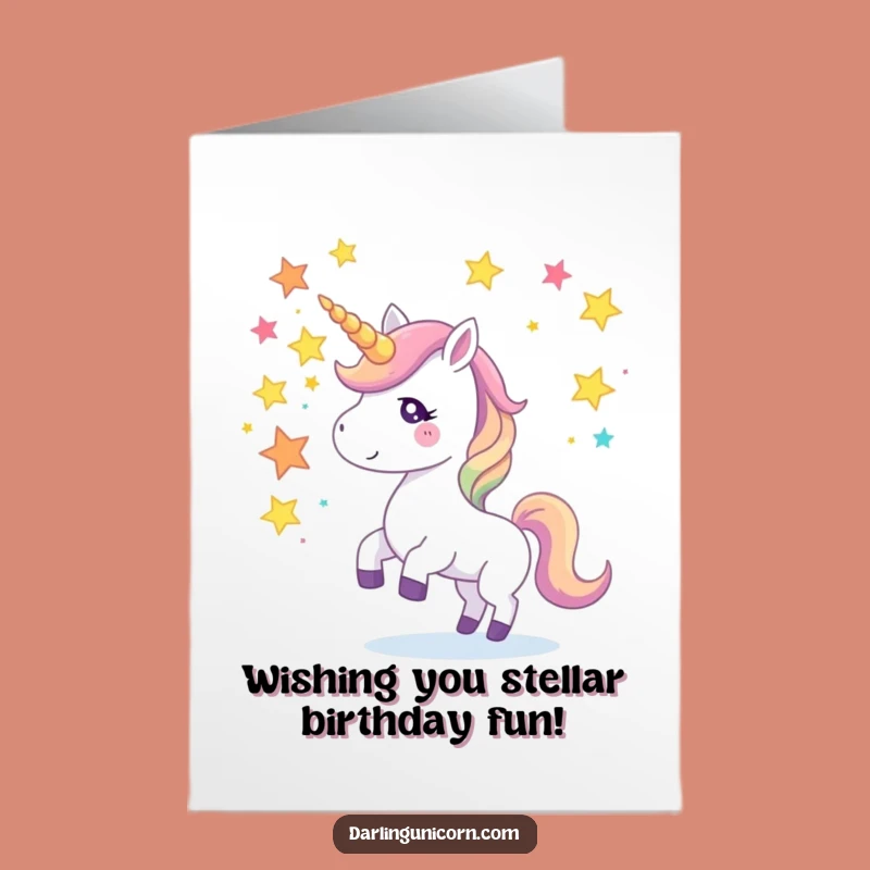 Free Printable Birthday Card: Star Juggling Unicorn - Fun Downloadable Gift