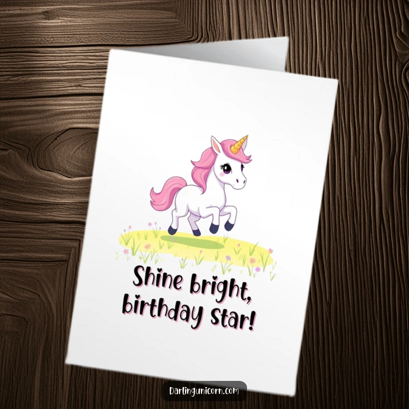 Funny Free Printable Birthday Card: A unicorn with a shimmering starry mane gallops joyfully through a field, spreading birthday cheer.