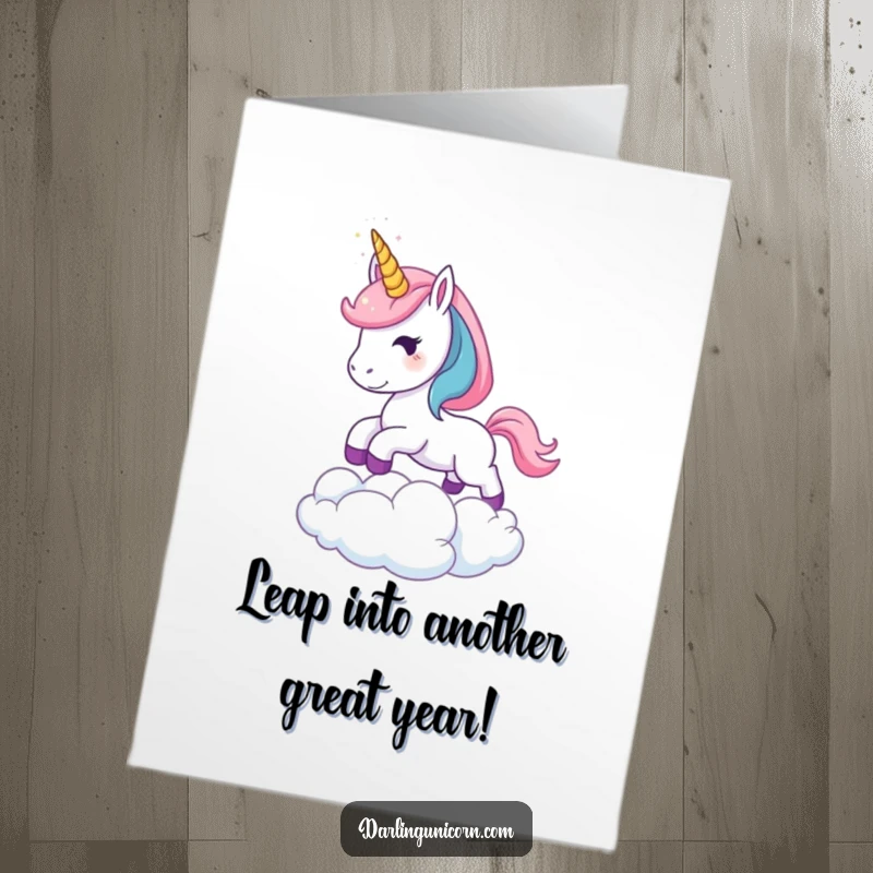 Free Printable Birthday Card: A young unicorn with a sparkling horn energetically leaping over a fluffy white cloud, signifying boundless dreams.