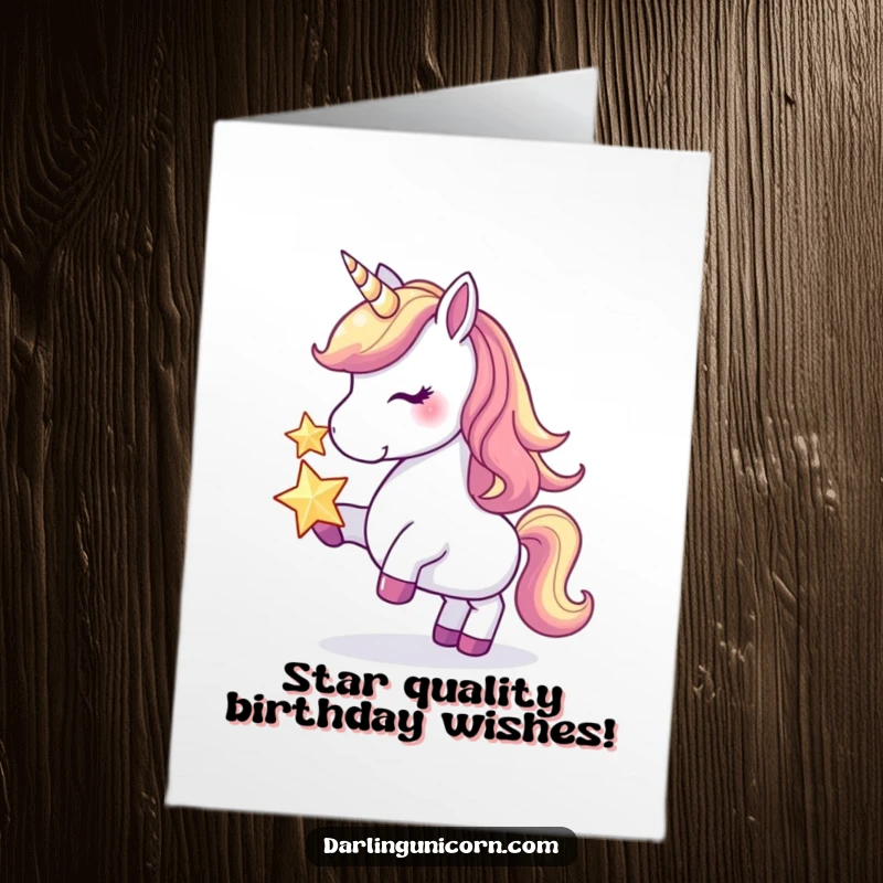 Funny Free Printable Birthday Card: A unicorn comically balances a shiny star on its nose, looking focused yet silly.