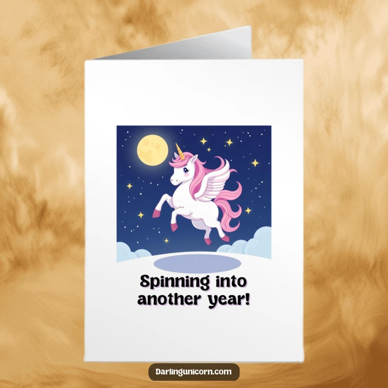 Funny Free Printable Birthday Card: A unicorn attempts a wobbly pirouette under a starlit sky, full of effort and charm.