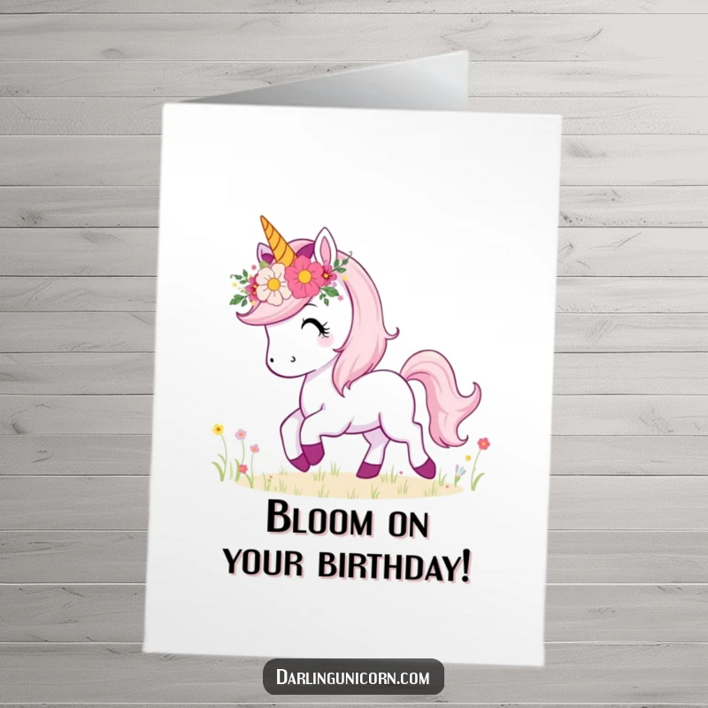 Funny Free Printable Birthday Card: Unicorn with flower crown happily prancing in a meadow, a joyous DIY gift.