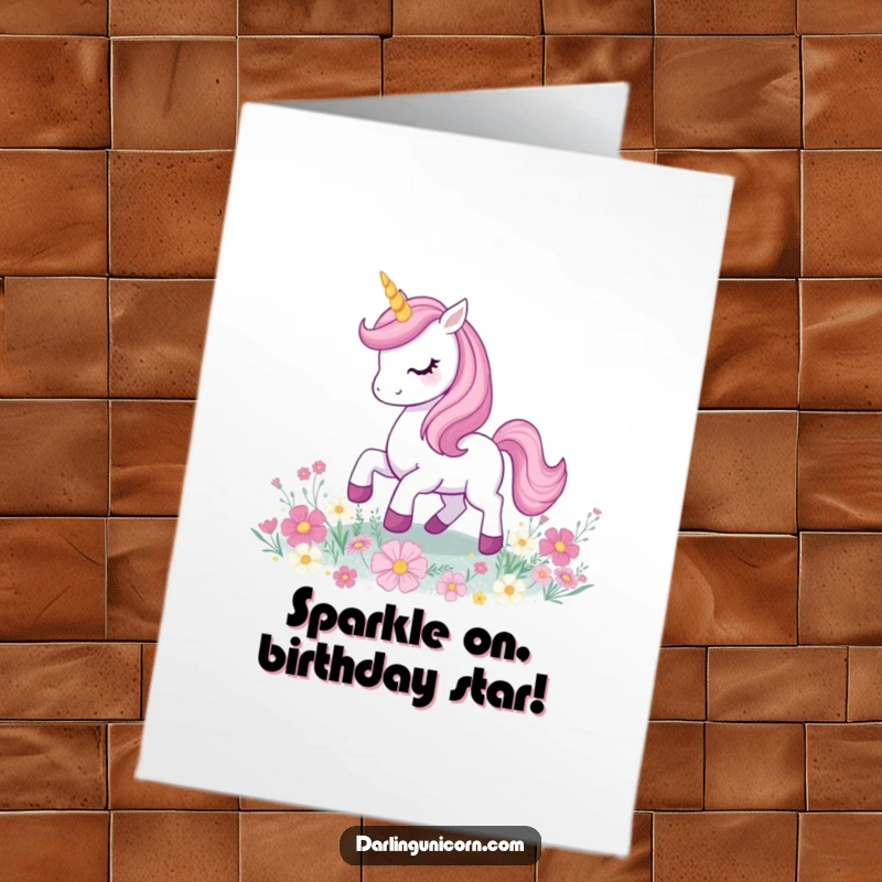 Funny Free Printable Unicorn Birthday Card: Playful unicorn prancing with glowing horn on glittery flowers, perfect for kids.
