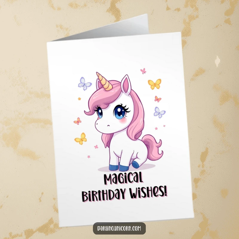 Free Printable birthday card of a unicorn with wide, innocent eyes watching butterflies flutter.